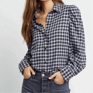 RAILS Angelica Plaid Check Flannel Gingham Print Puff Sleeve Sable Ivory